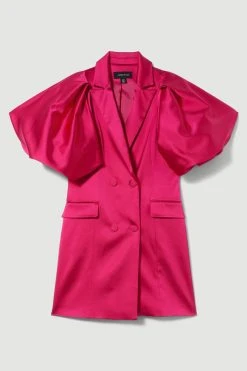 Karen Millen Italian Structured Satin Statement Sleeve Double Breasted Mini Dress -Karen Millen shop magenta italian structured satin statement sleeve double breasted mini dress 1