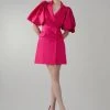 Karen Millen Italian Structured Satin Statement Sleeve Double Breasted Mini Dress -Karen Millen shop magenta italian structured satin statement sleeve double breasted mini dress