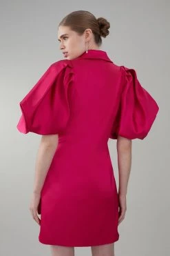 Karen Millen Italian Structured Satin Statement Sleeve Double Breasted Mini Dress -Karen Millen shop magenta italian structured satin statement sleeve double breasted mini dress 3