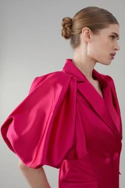 Karen Millen Italian Structured Satin Statement Sleeve Double Breasted Mini Dress -Karen Millen shop magenta italian structured satin statement sleeve double breasted mini dress 4