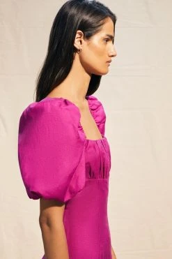 Karen Millen Linen Viscose Puff Sleeve Midi Sundress -Karen Millen shop magenta linen viscose puff sleeve midi sundress 1