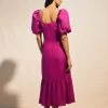 Karen Millen Linen Viscose Puff Sleeve Midi Sundress -Karen Millen shop magenta linen viscose puff sleeve midi sundress