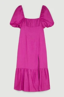 Karen Millen Linen Viscose Puff Sleeve Midi Sundress -Karen Millen shop magenta linen viscose puff sleeve midi sundress 2