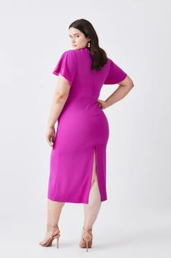 Karen Millen Plus Size Ruched Front Crepe Midi Dress -Karen Millen shop magenta plus size ruched front crepe midi dress 1 2