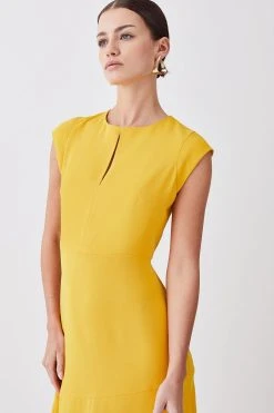 Karen Millen Petite Soft Tailored Key Hole Cap Sleeve High Low Dress -Karen Millen shop marigold petite soft tailored key hole cap sleeve high low dress 1 1