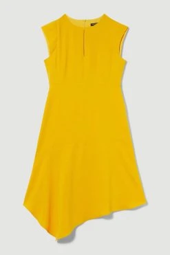 Karen Millen Petite Soft Tailored Key Hole Cap Sleeve High Low Dress -Karen Millen shop marigold petite soft tailored key hole cap sleeve high low dress 1 2