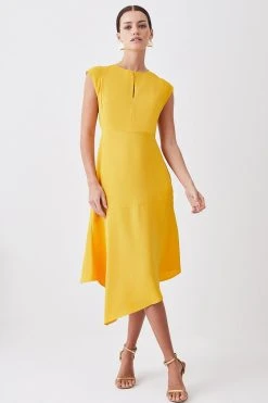 Karen Millen Petite Soft Tailored Key Hole Cap Sleeve High Low Dress -Karen Millen shop marigold petite soft tailored key hole cap sleeve high low dress 1 3