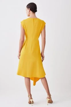 Karen Millen Petite Soft Tailored Key Hole Cap Sleeve High Low Dress -Karen Millen shop marigold petite soft tailored key hole cap sleeve high low dress 1 4