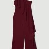 Karen Millen Compact Viscose One Shoulder Ruffle Jumpsuit -Karen Millen shop merlot compact viscose one shoulder ruffle jumpsuit
