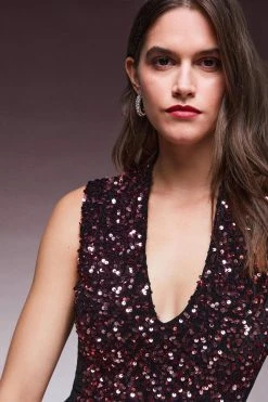 Karen Millen V Neck Velvet Mesh Detail Jersey Top -Karen Millen shop merlot v neck velvet mesh detail jersey top 1