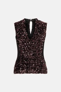Karen Millen V Neck Velvet Mesh Detail Jersey Top -Karen Millen shop merlot v neck velvet mesh detail jersey top 2