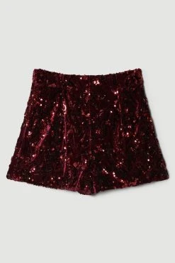 Karen Millen Velvet Sequinned Woven Shorts -Karen Millen shop merlot velvet sequinned woven shorts 3