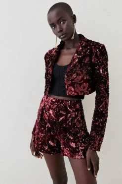 Karen Millen Velvet Sequinned Woven Shorts -Karen Millen shop merlot velvet sequinned woven shorts 4