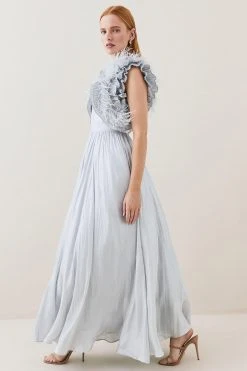 Karen Millen Lydia Millen Tall Metallic Feather Ruffle Woven Maxi Dress 8 Karen Millen Lydia Millen Tall Metallic Feather Ruffle Woven Maxi Dress -Karen Millen shop metallic silver lydia millen tall metallic feather ruffle woven maxi dress 2