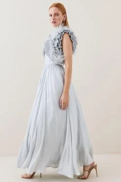 Karen Millen Metallic Feather Ruffle Woven Maxi Dress -Karen Millen shop metallic silver metallic feather ruffle woven maxi dress 2