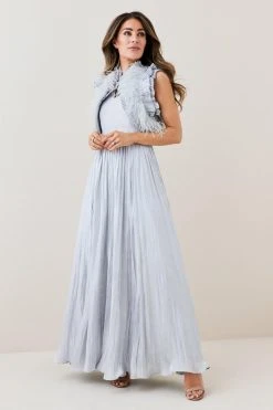 Karen Millen Metallic Feather Ruffle Woven Maxi Dress -Karen Millen shop metallic silver metallic feather ruffle woven maxi dress 4