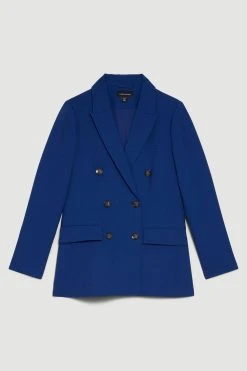 Karen Millen Polished Stretch Wool Blend Double Breasted Blazer -Karen Millen shop mid navy polished stretch wool blend double breasted blazer 1 2