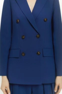 Karen Millen Polished Stretch Wool Blend Double Breasted Blazer -Karen Millen shop mid navy polished stretch wool blend double breasted blazer 1 3