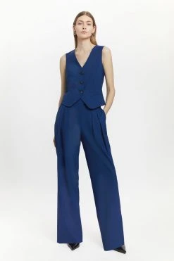 Karen Millen Polished Stretch Wool Blend Pleated Wide Leg Trousers