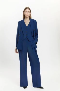 Karen Millen Polished Stretch Wool Blend Pleated Wide Leg Trousers 12 Karen Millen Polished Stretch Wool Blend Pleated Wide Leg Trousers -Karen Millen shop mid navy polished stretch wool blend pleated wide leg trousers 1 4