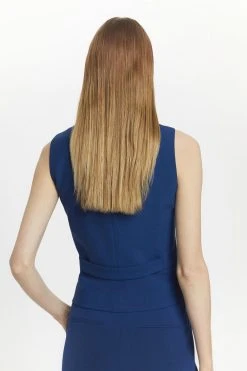 Karen Millen Polished Stretch Wool Blend Waistcoat -Karen Millen shop mid navy polished stretch wool blend waistcoat 1 2