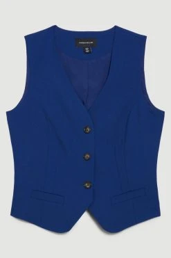 Karen Millen Polished Stretch Wool Blend Waistcoat -Karen Millen shop mid navy polished stretch wool blend waistcoat 1 3