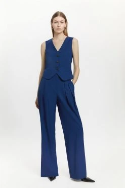 Karen Millen Polished Stretch Wool Blend Waistcoat -Karen Millen shop mid navy polished stretch wool blend waistcoat 1 4