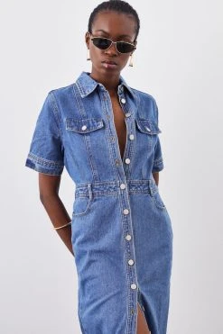 Karen Millen Denim Maxi Shirt Dress -Karen Millen shop mid wash denim maxi shirt dress 1 2