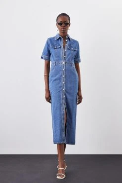 Karen Millen Denim Maxi Shirt Dress -Karen Millen shop mid wash denim maxi shirt dress 1 3