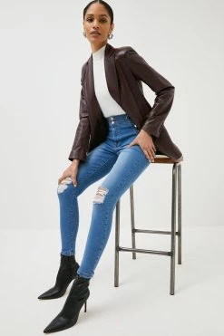 Karen Millen High Rise Skinny Ripped Button Detail Jeans -Karen Millen shop mid wash high rise skinny ripped button detail jeans 1