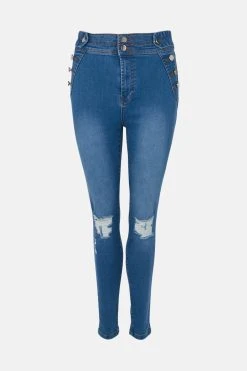 Karen Millen High Rise Skinny Ripped Button Detail Jeans -Karen Millen shop mid wash high rise skinny ripped button detail jeans 4