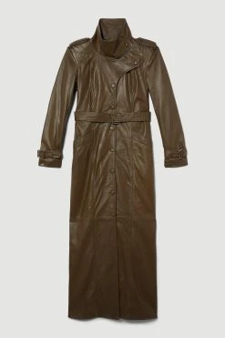 Karen Millen Leather Maxi Trench Coat -Karen Millen shop military green leather maxi trench coat 1 2