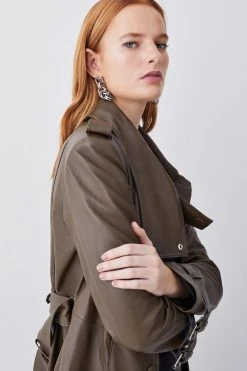 Karen Millen Leather Maxi Trench Coat -Karen Millen shop military green leather maxi trench coat 1 3
