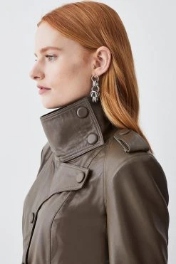 Karen Millen Leather Maxi Trench Coat -Karen Millen shop military green leather maxi trench coat 1 4