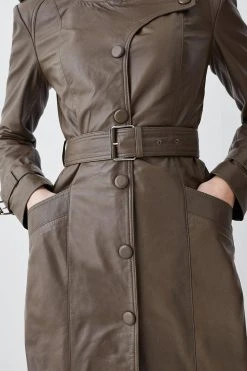 Karen Millen Leather Maxi Trench Coat -Karen Millen shop military green leather maxi trench coat 1 5