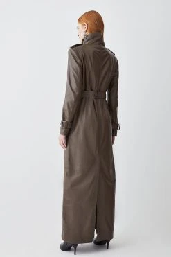 Karen Millen Leather Maxi Trench Coat -Karen Millen shop military green leather maxi trench coat 1 6