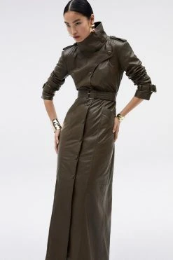 Karen Millen Leather Maxi Trench Coat -Karen Millen shop military green leather maxi trench coat 1 7