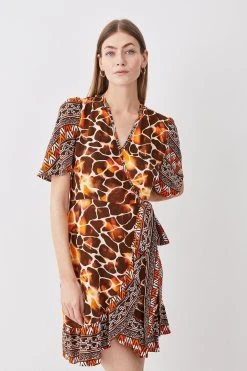 Karen Millen Mixed Animal Short Sleeve Mini Wrap Dress -Karen Millen shop mixed animal short sleeve mini wrap dress 3
