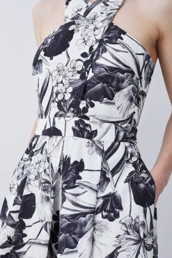 Karen Millen Batik Floral Premium Linen Viscose Halter Woven Jumpsuit