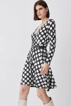 Karen Millen Belted Viscose Blend Long Sleeve Jersey Skater Dress