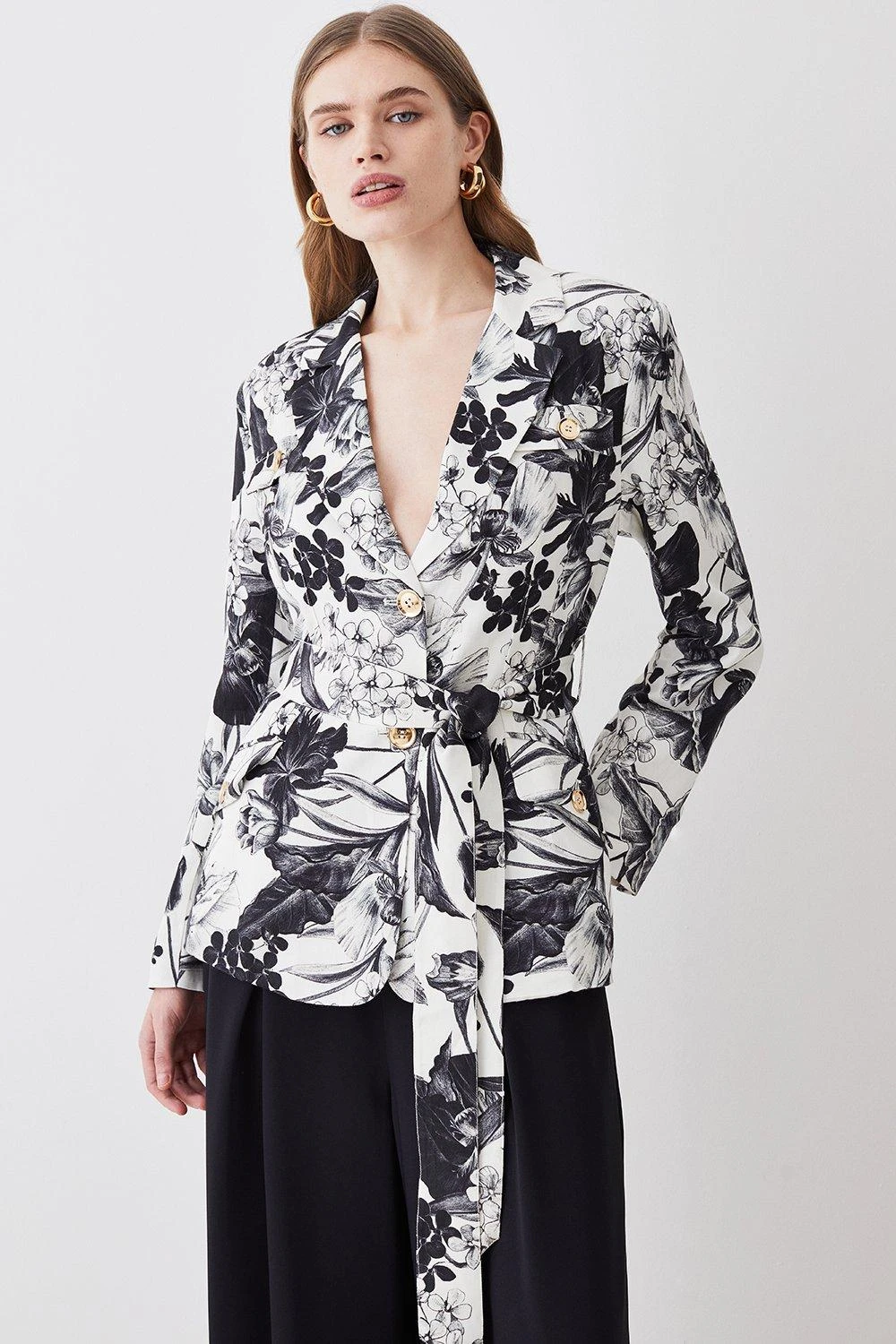Karen Millen Floral Batik Belted Premium Linen Viscose Woven Jacket 3 Karen Millen Floral Batik Belted Premium Linen Viscose Woven Jacket