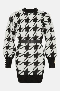 Karen Millen Houndstooth Jacquard Puff Knit Belted Mini Dress -Karen Millen shop mono houndstooth jacquard puff knit belted mini dress 1