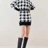 Karen Millen Houndstooth Jacquard Puff Knit Belted Mini Dress 1 Karen Millen Houndstooth Jacquard Puff Knit Belted Mini Dress -Karen Millen shop mono houndstooth jacquard puff knit belted mini dress