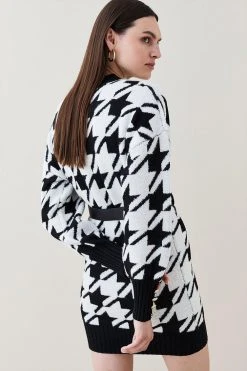 Karen Millen Houndstooth Jacquard Puff Knit Belted Mini Dress -Karen Millen shop mono houndstooth jacquard puff knit belted mini dress 2
