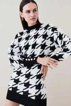 Karen Millen Houndstooth Jacquard Puff Knit Belted Mini Dress -Karen Millen shop mono houndstooth jacquard puff knit belted mini dress 3