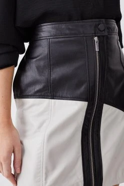 Karen Millen Leather Colour Block Zip Through A Line Skirt -Karen Millen shop mono leather colour block zip through a line skirt 1 2