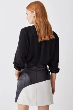Karen Millen Leather Colour Block Zip Through A Line Skirt -Karen Millen shop mono leather colour block zip through a line skirt 1 3
