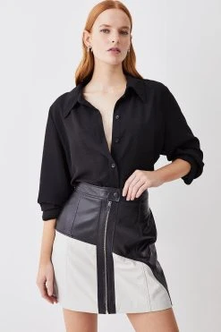Karen Millen Leather Colour Block Zip Through A Line Skirt -Karen Millen shop mono leather colour block zip through a line skirt 1 4