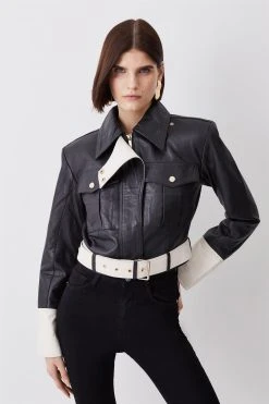 Karen Millen Leather Contrast Cropped Biker Jacket