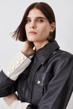 Karen Millen Leather Contrast Cropped Biker Jacket -Karen Millen shop mono leather contrast cropped biker jacket 1 2